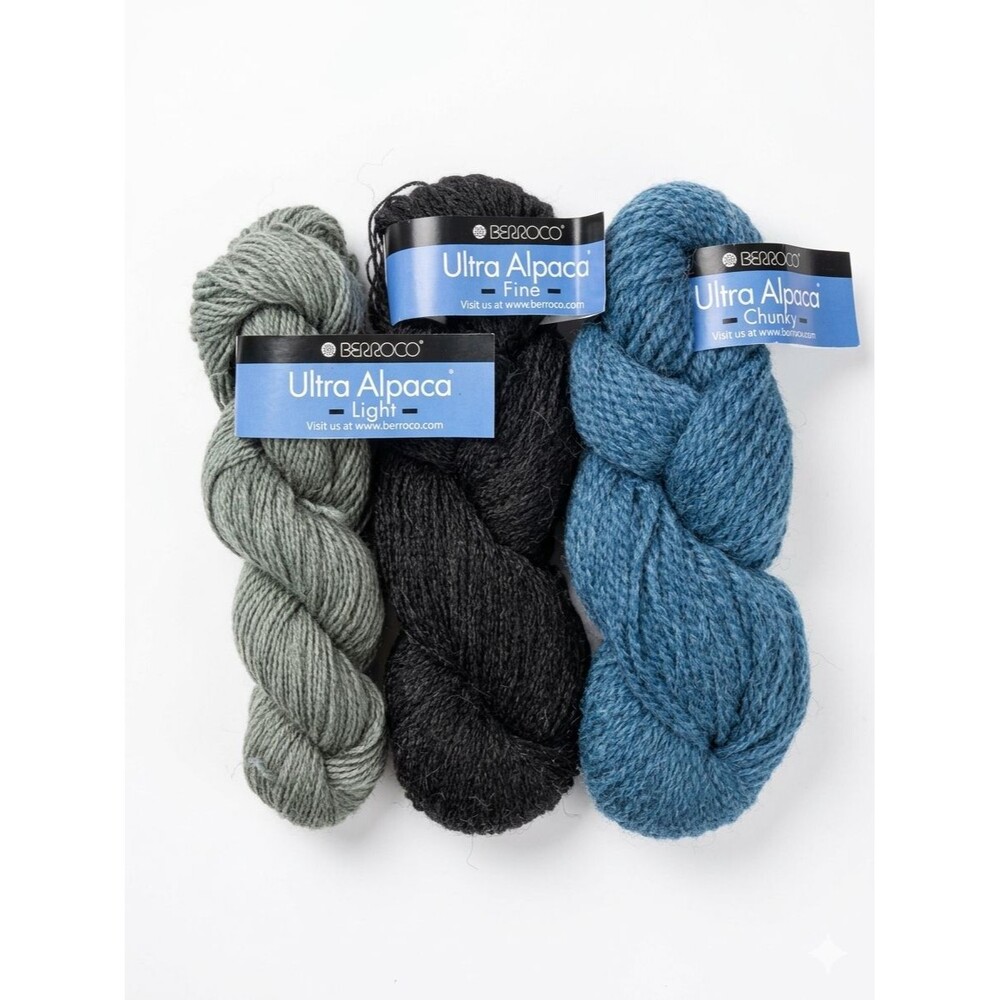 Berroco Ultra Alpaca Yarn Lot of 3 – Fine, Light & Chunky – Gray, Black & Blue